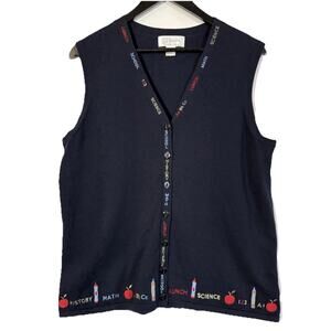 Teacher Sweater Vest Navy Blue School Embroidered Preppy Button Vintage 1X Class